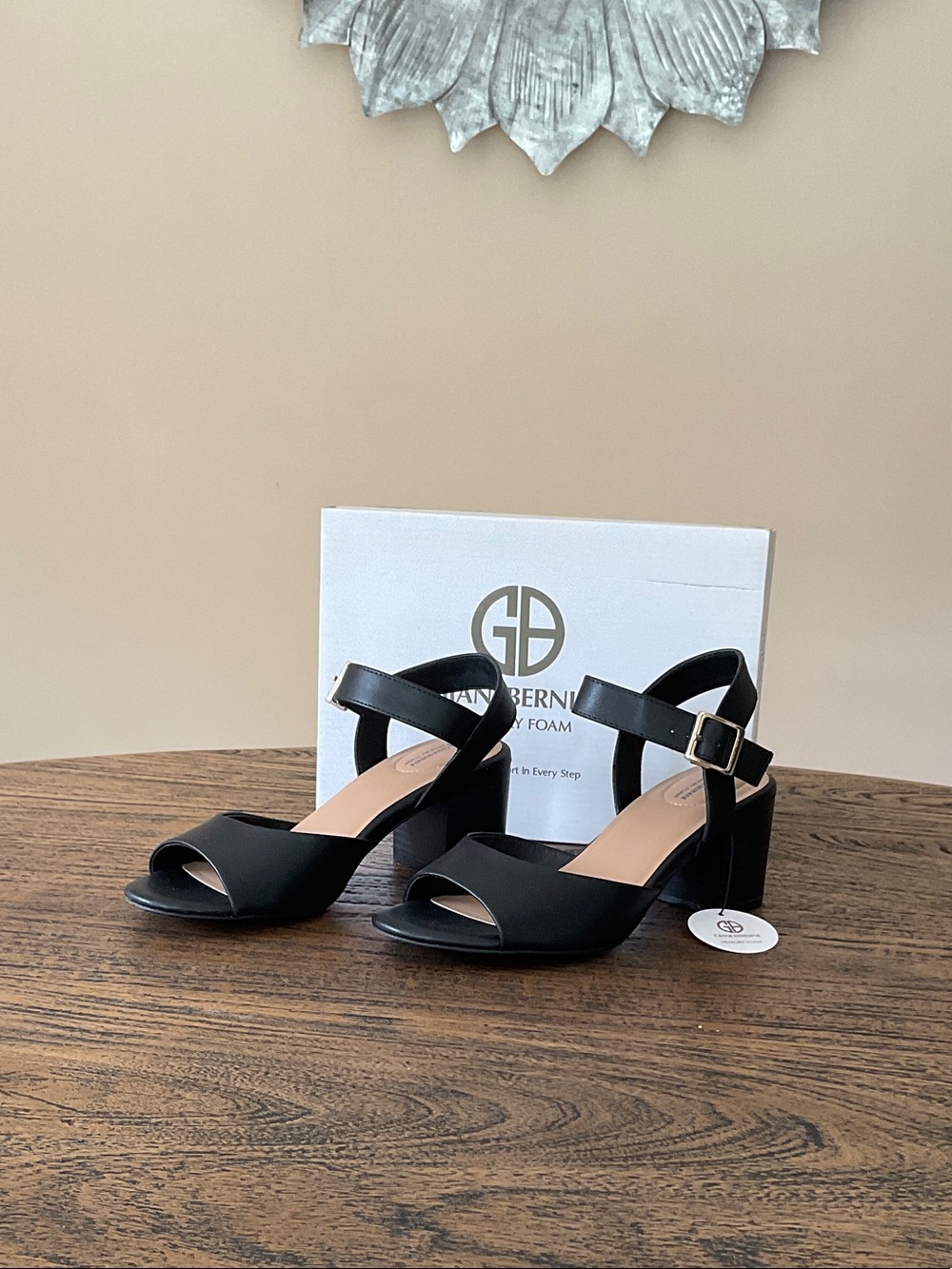 Giani Bernini Black Open-Toe Ankle Strap Block Heels